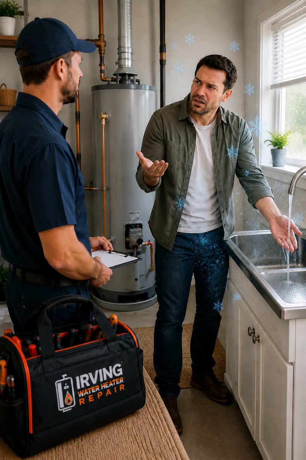 Irving homeowner discussing a cold-water problem with a water heater technician