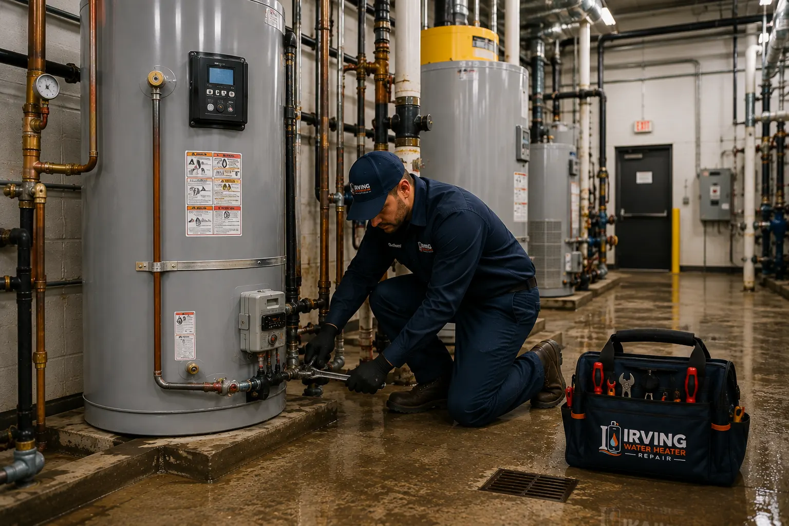 Technician servicing commercial water heaters in an Irving mechanical room