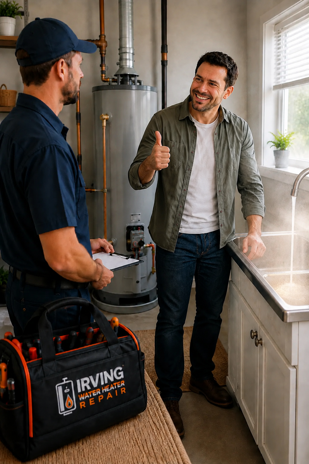 Irving homeowner discussing a cold-water problem with a water heater technician