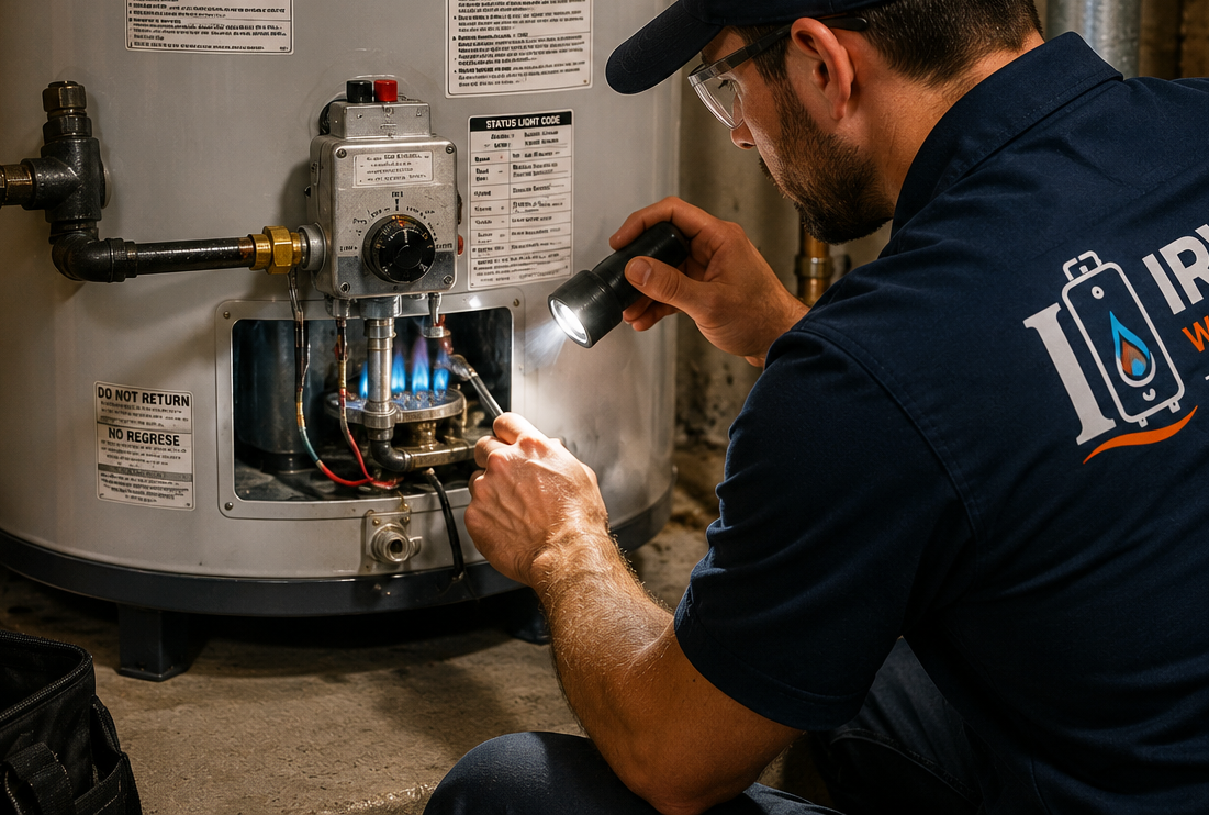 Irving homeowner discussing a cold-water problem with a water heater technician