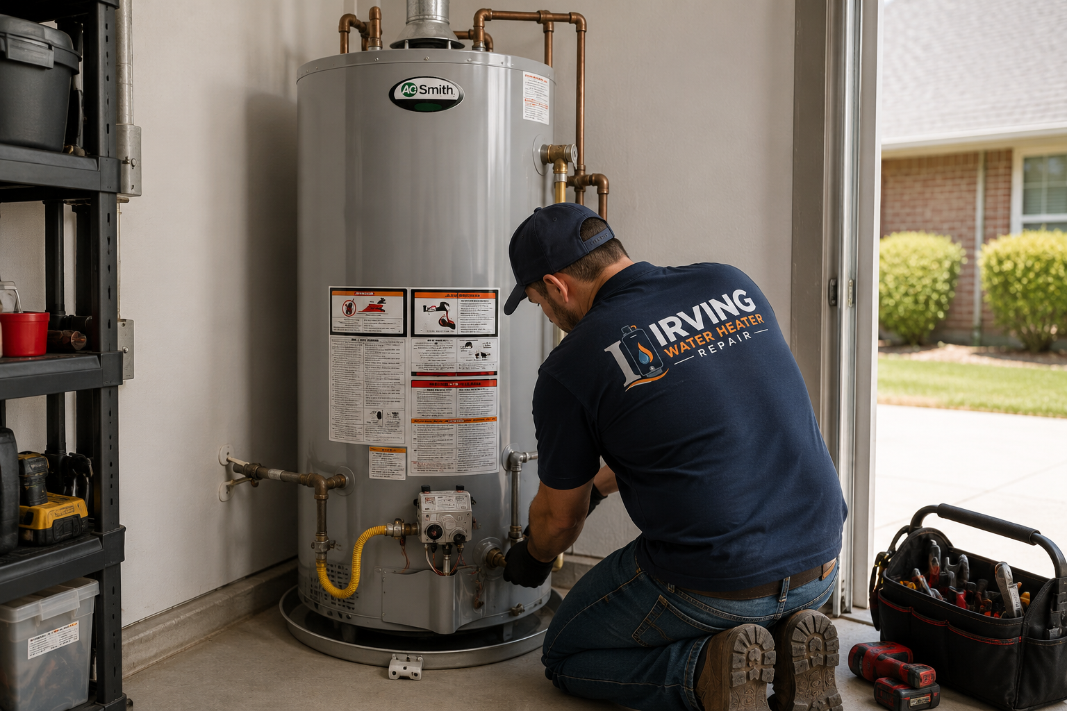 Irving TX technician repairing old water heater