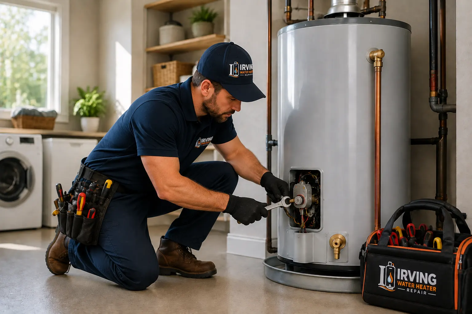 Professional water heater technician providing local plumbing service in Irving Texas