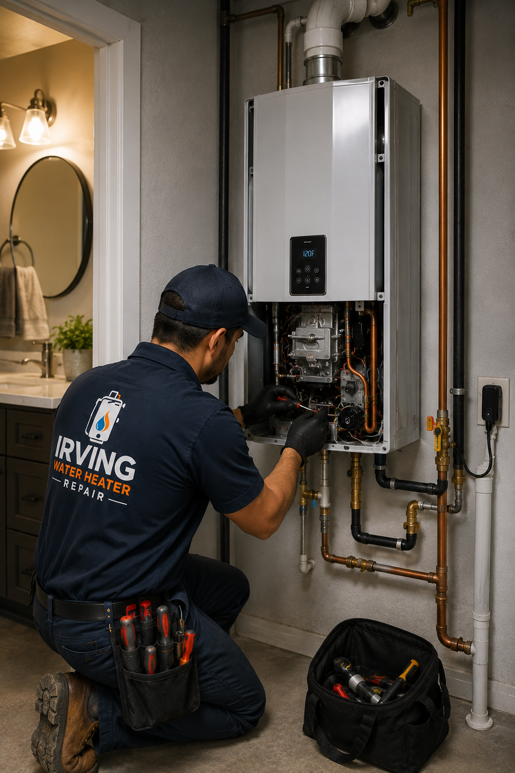 Technician providing Tankless Water Heater Repairs in Irving Texas