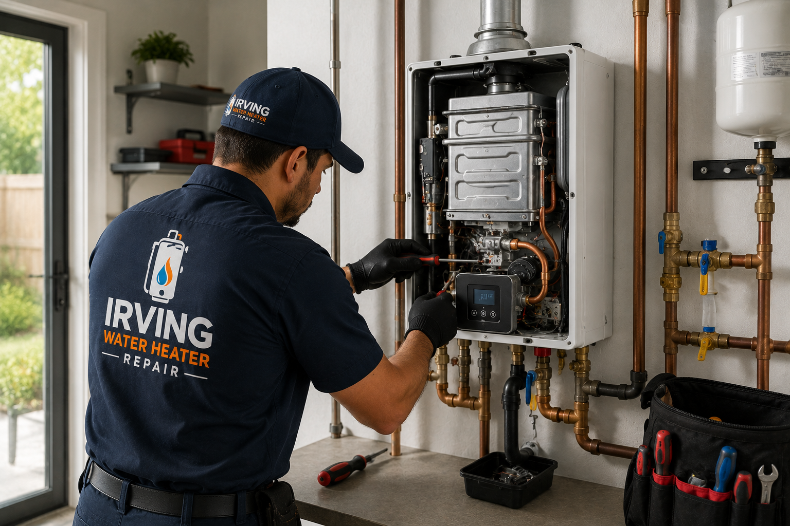 Professional water heater technician providing local plumbing service in Irving Texas