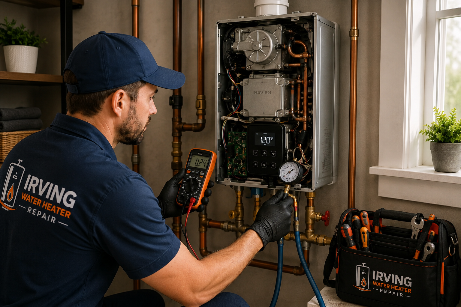 Technician servicing commercial water heaters in an Irving mechanical room