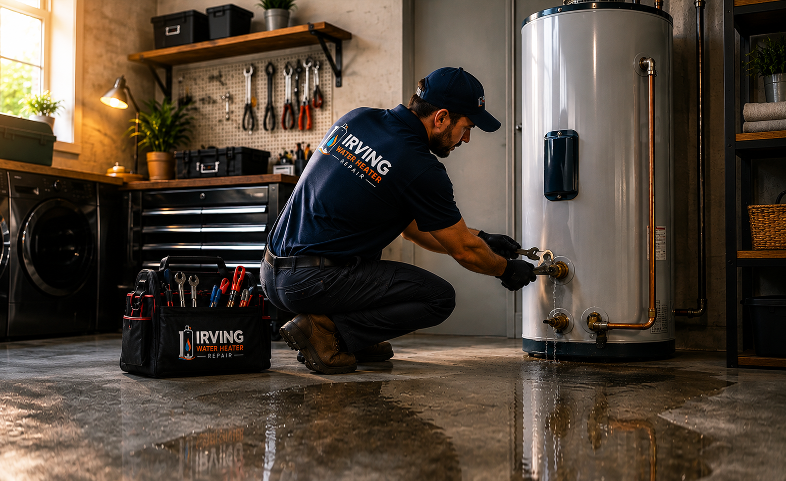 Technician servicing commercial water heaters in an Irving mechanical room