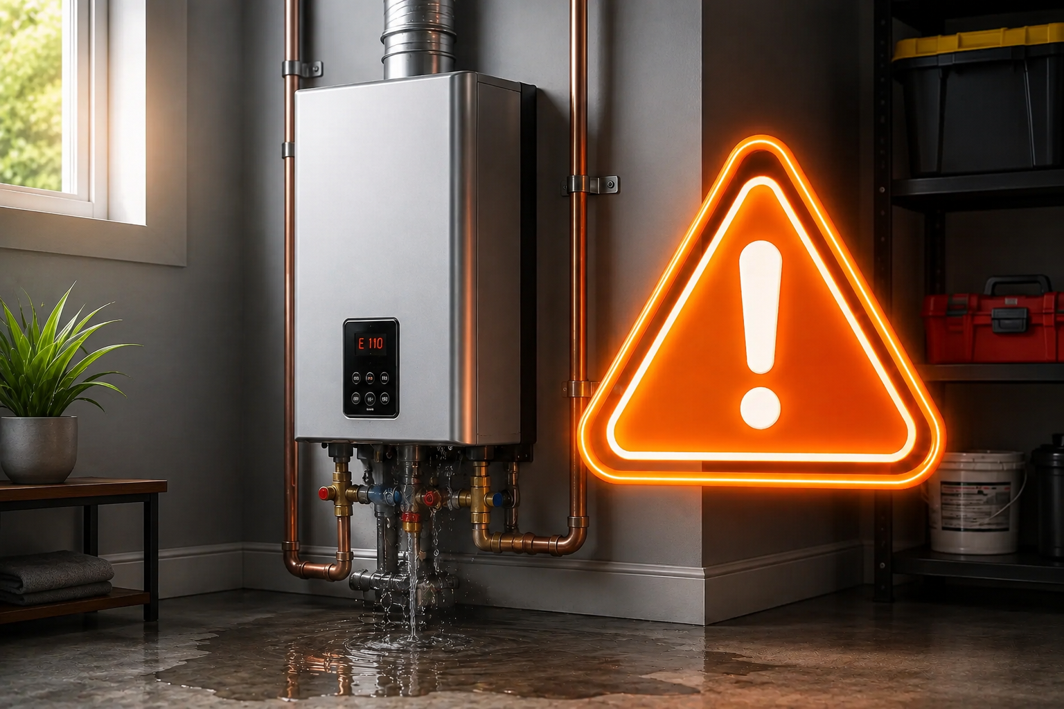 Leaking and rusted water heater with an illuminated warning symbol