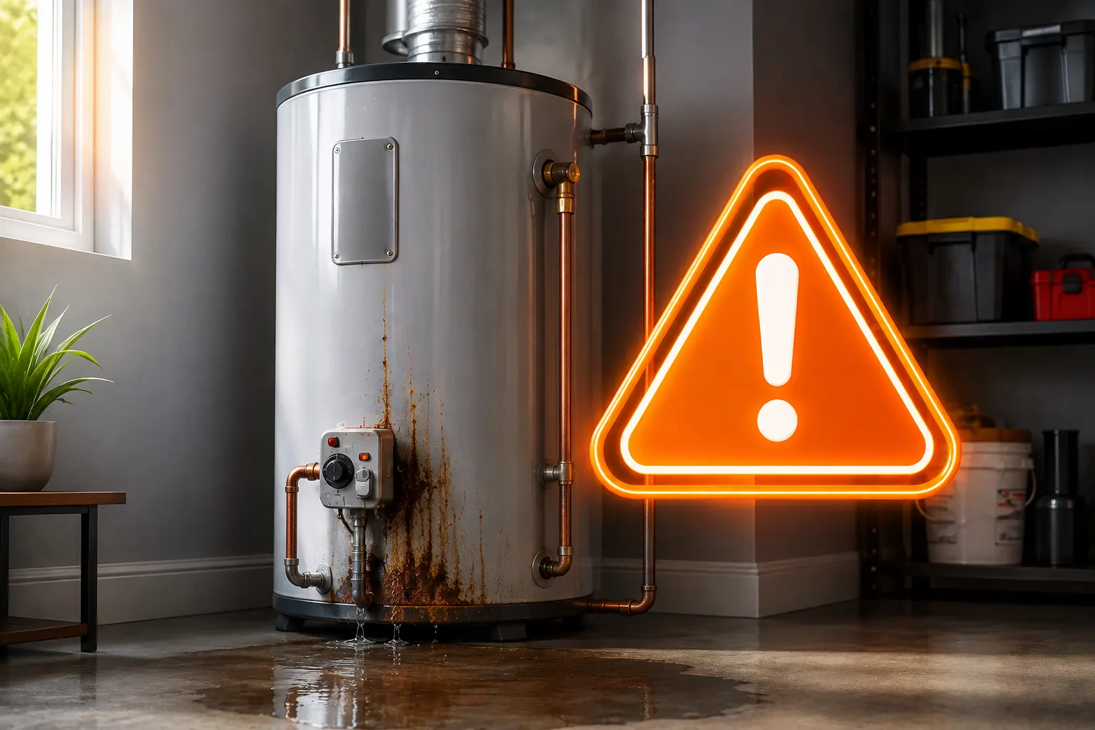 Leaking and rusted water heater with an illuminated warning symbol